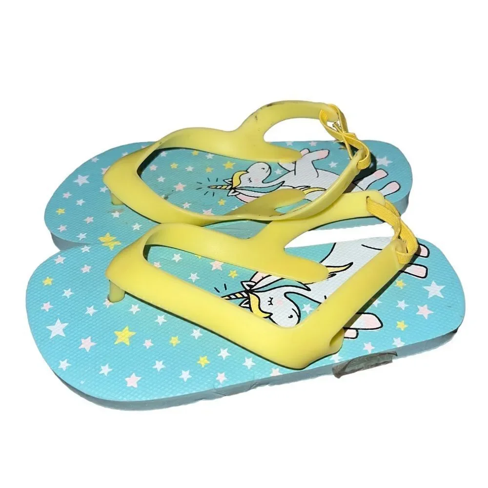Adorable blue and yellow unicorn flip flops girls size‎ 7/8